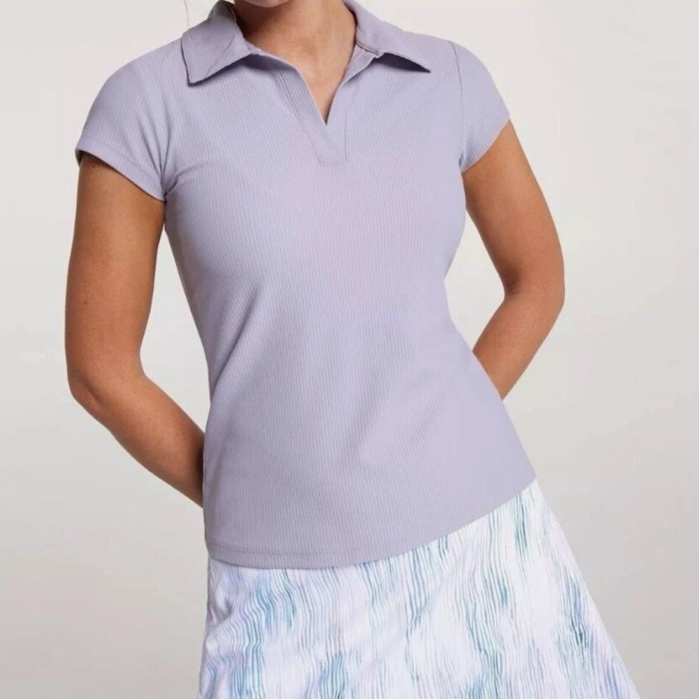 {Calia} "Ribbed Johnny Collar" Metal Lilly Purple Short Sleeve Ribbed Golf Polo